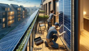 Installation of a compact solar panel system on an urban apartment balcony 🌞🔧 #SolarPanelInstallation #EcoFriendlyLiving #RenewableEnergy