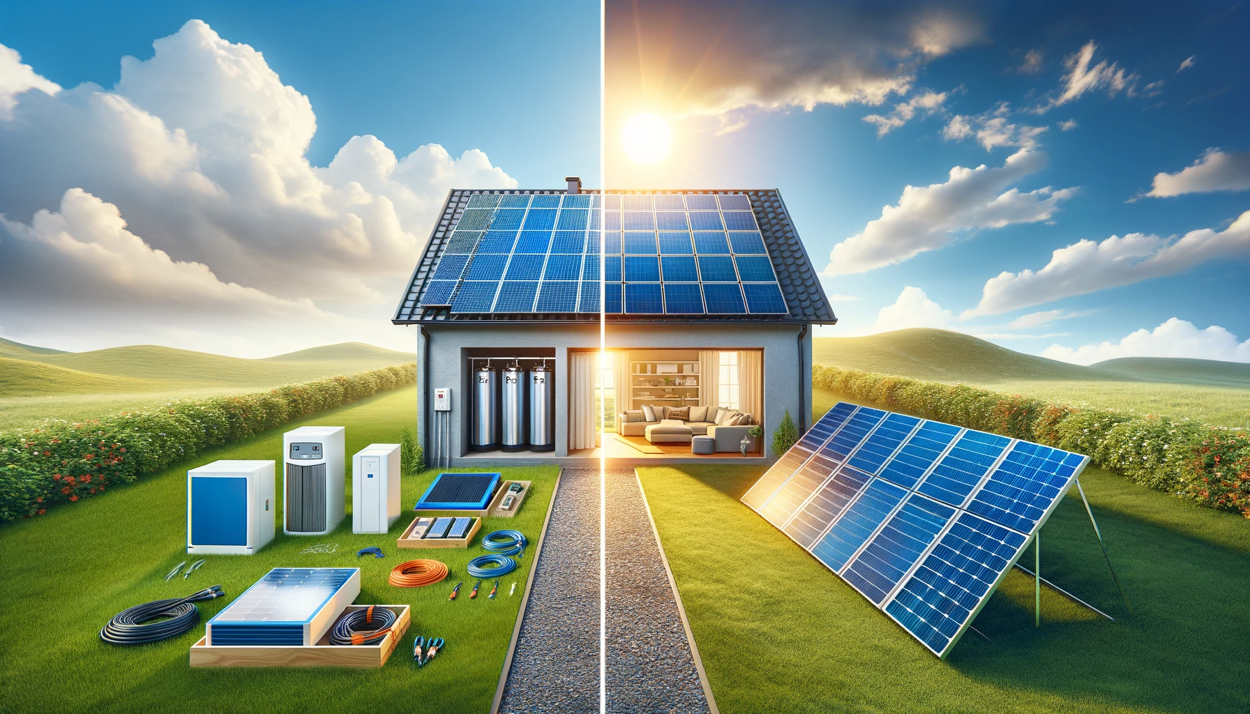 Solar panels and equipment representing a choice between a DIY solar kit and a full solar system package 🌞🔧🔋