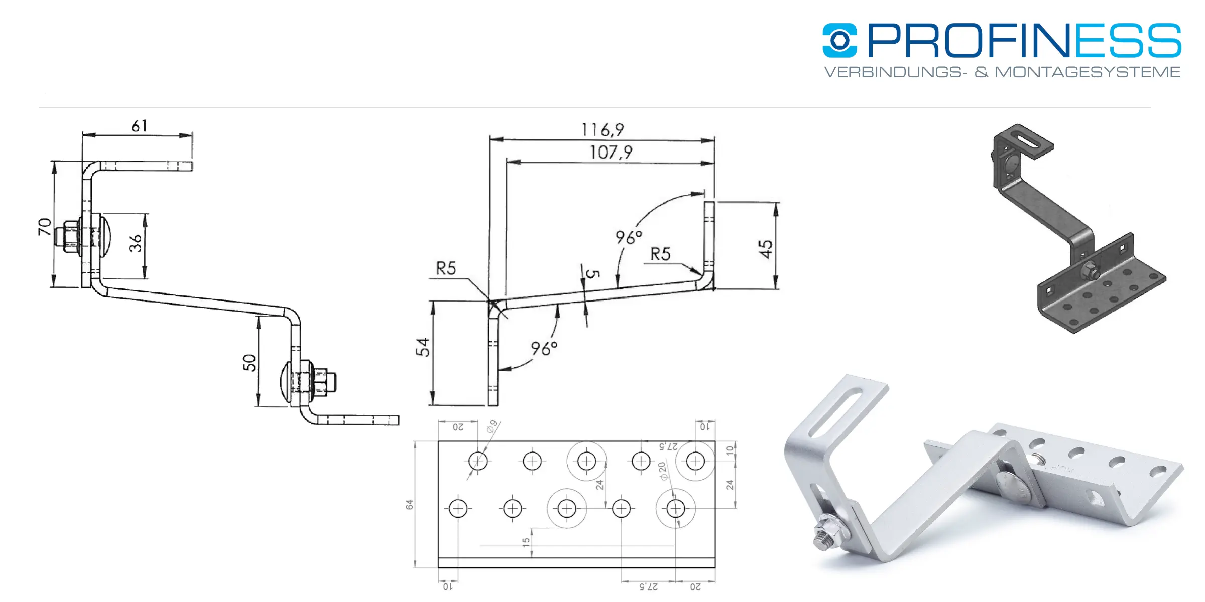 Profiness universal 3-way stainless steel adjustable roof hook for PV mounting systems with dimensions and weight details, designed for European pitched roof installations