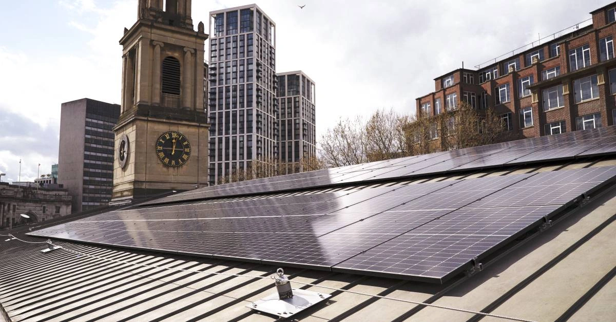 Solar PV panels installed on the roof of Waterloo St John Church in the United Kingdom, part of the nationwide renewable energy transition supported by 3Buy Solar.