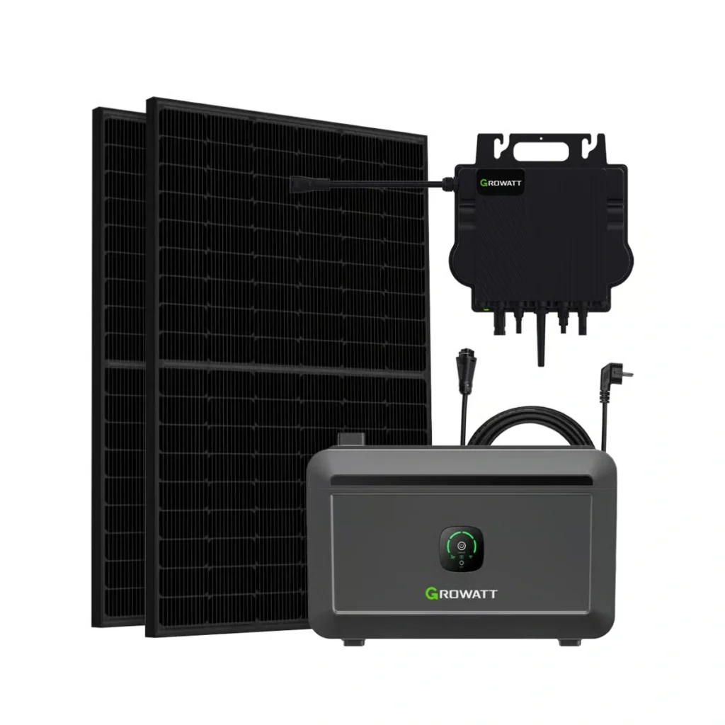 Growatt 900 Wp balcony solar power plant with NEO 800M-X microinverter and NOAH 2000 energy storage unit, supplied by a European solar wholesaler for professional installers and resellers.