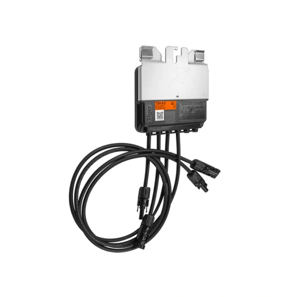 Tigo TS4-X-F MC4 800W power optimizer for solar modules, suitable for high-power PV panels and supplied by a European solar wholesaler for professional installers and resellers.