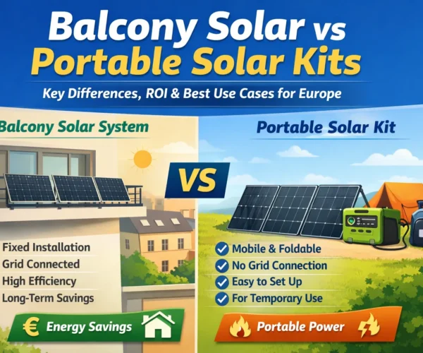 Comparison of balcony solar systems and portable solar kits for European installers, including solar panels, micro inverters, and energy storage solutions from a solar distributor