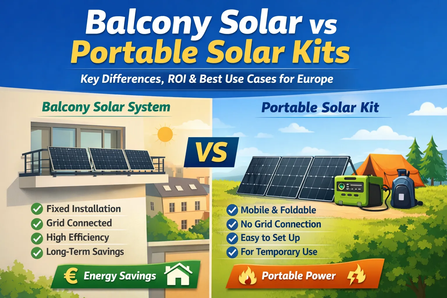 Comparison of balcony solar systems and portable solar kits for European installers, including solar panels, micro inverters, and energy storage solutions from a solar distributor