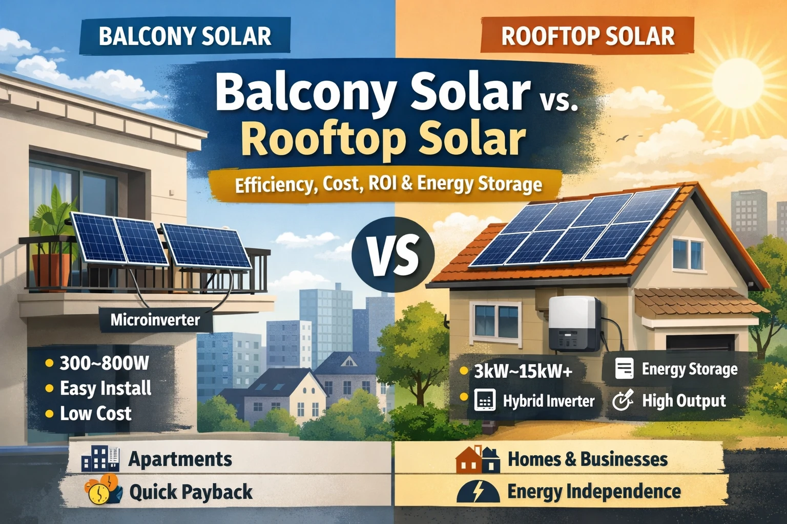 Balcony vs rooftop solar comparison chart for solar installers and resellers in Europe showing solar panels, microinverters, energy storage and complete solar kits from a solar wholesaler