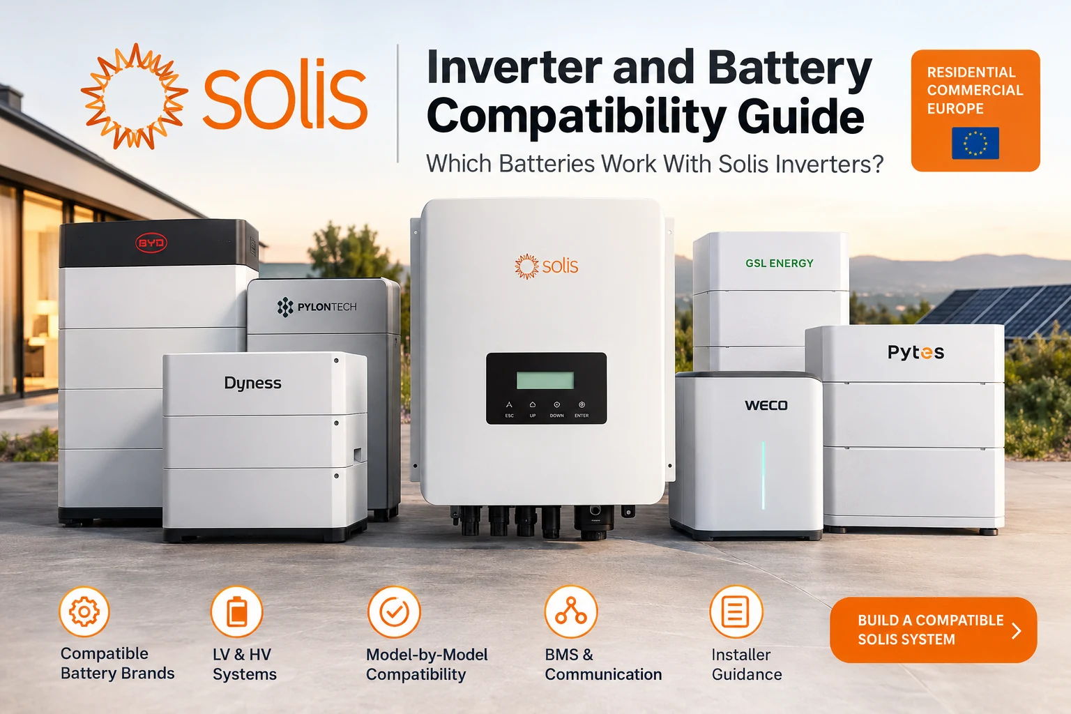Solis inverter and battery compatibility guide showing compatible BYD, Pylontech, Dyness, GSL Energy, WECO and Pytes battery systems